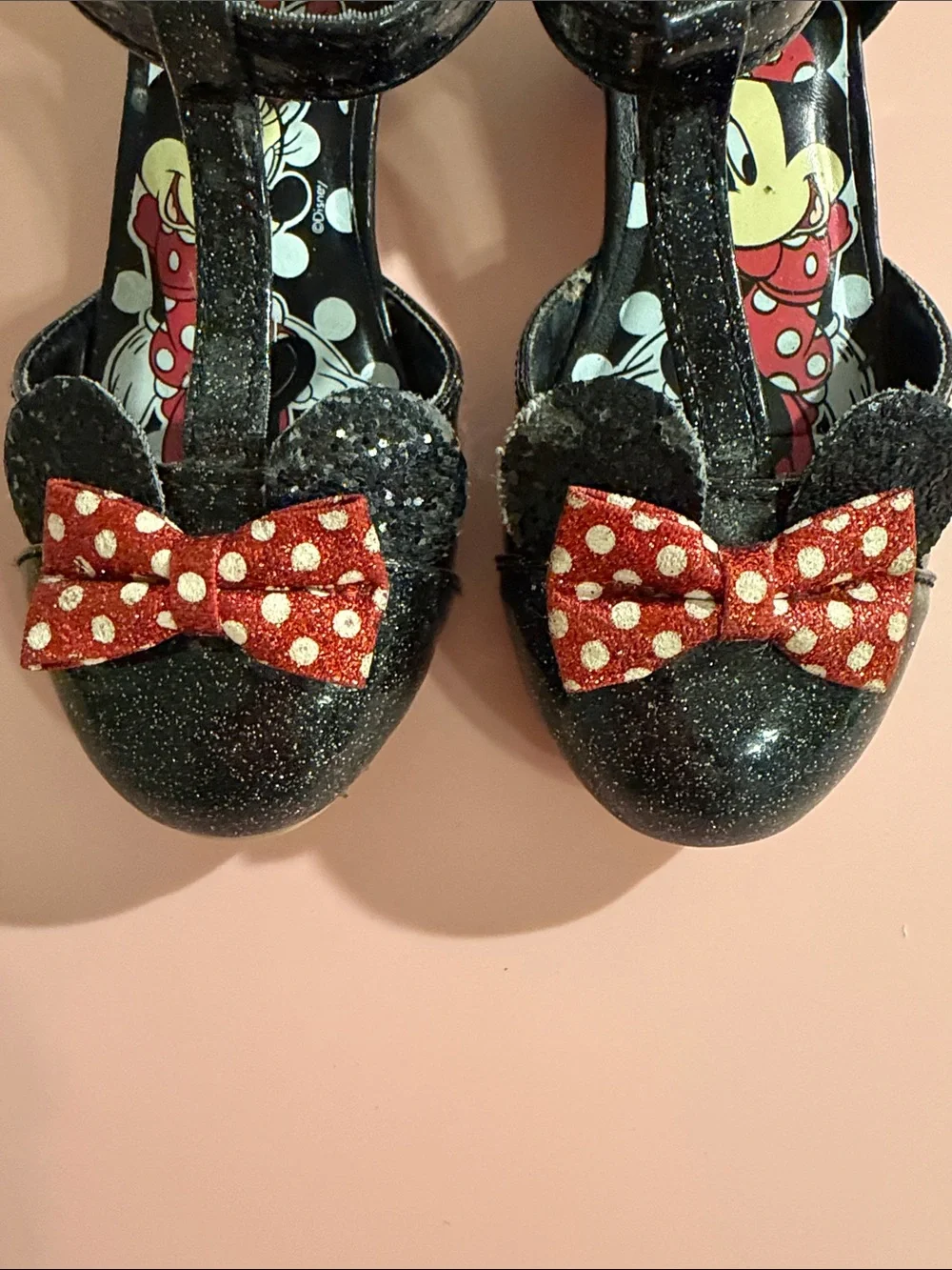 Disney Minnie Mouse Black Glitter T‑Strap Dress Shoes with Red Polka Dot Bows-10